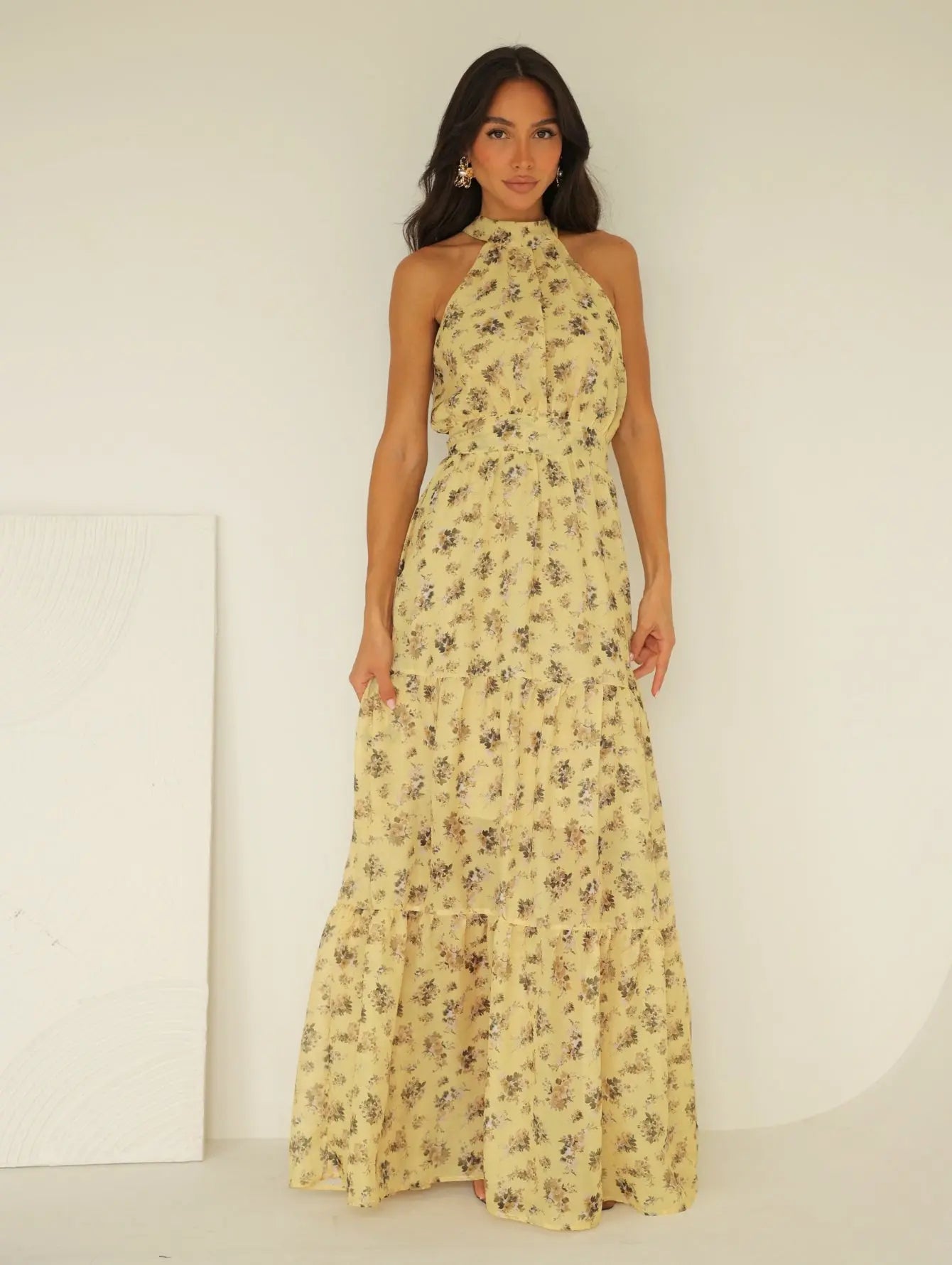 Vestido Longo Chiffon Floral Gola Alta