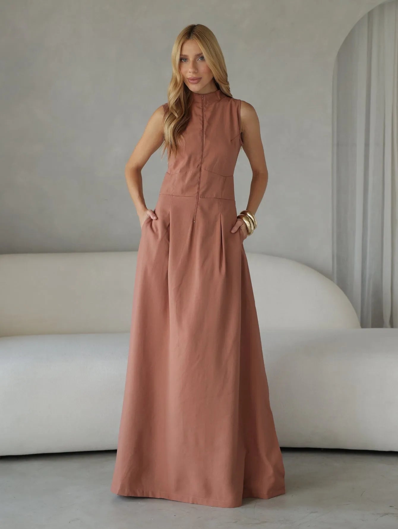 Vestido Longo Alfaiataria Zíper Frontal