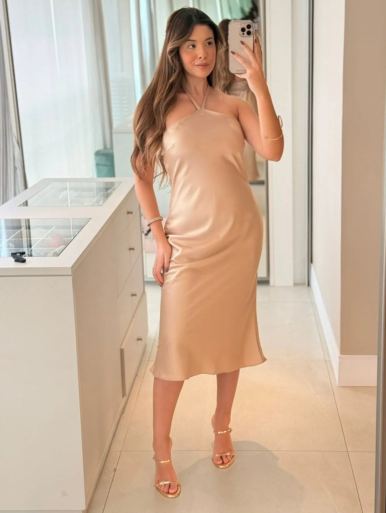 Vestido Midi Cetim Slip Dress