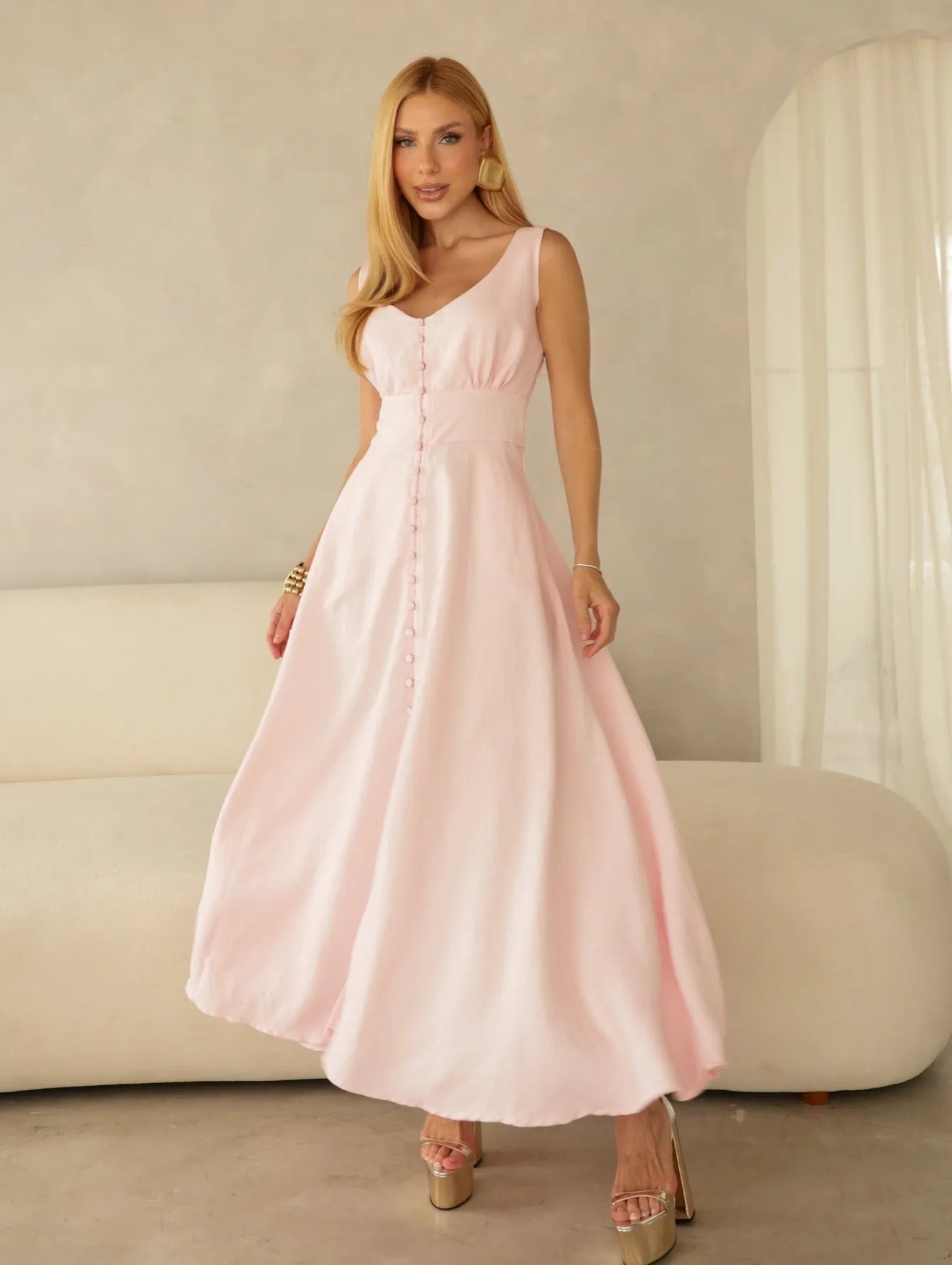 Vestido Midi Alfaiataria Decote V Lastex