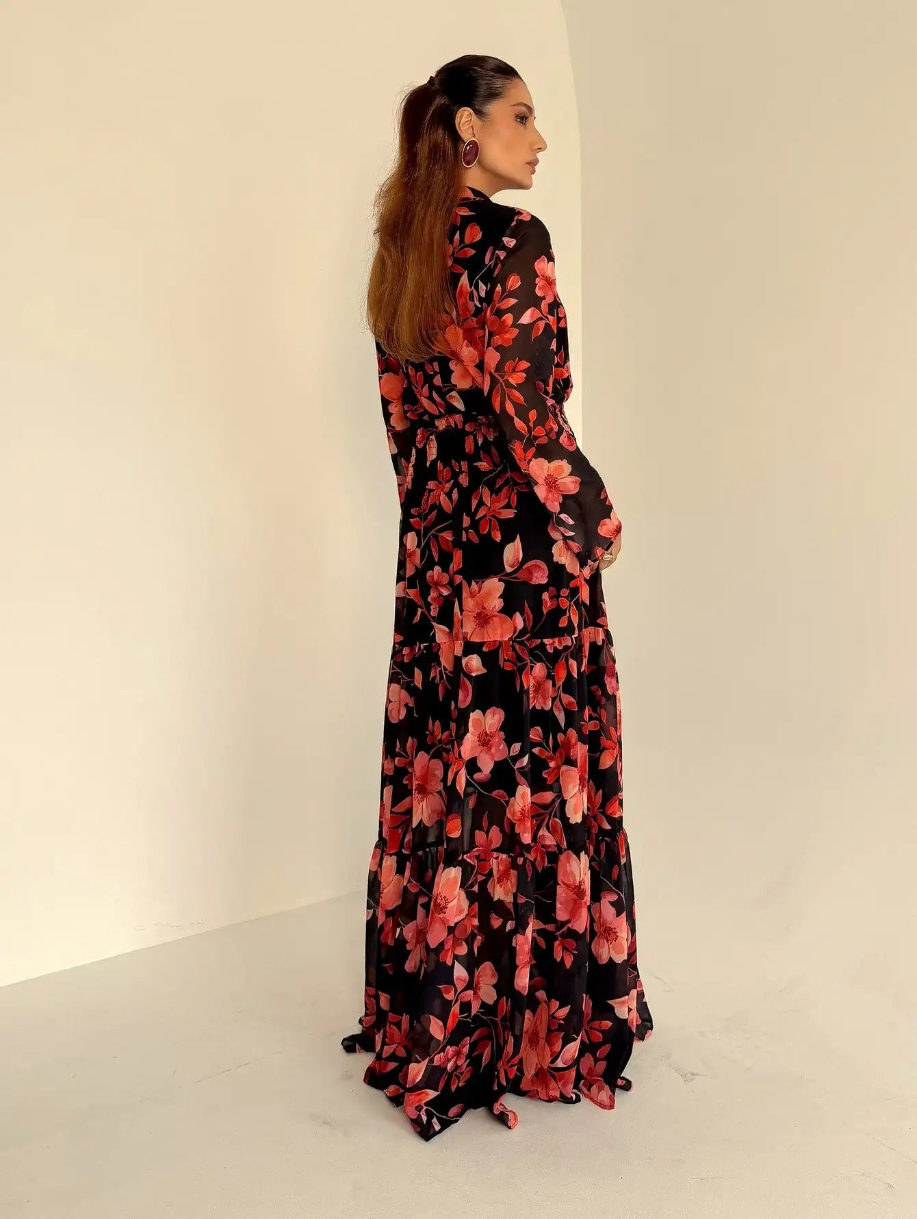 Vestido Longo Chiffon Manga Longa