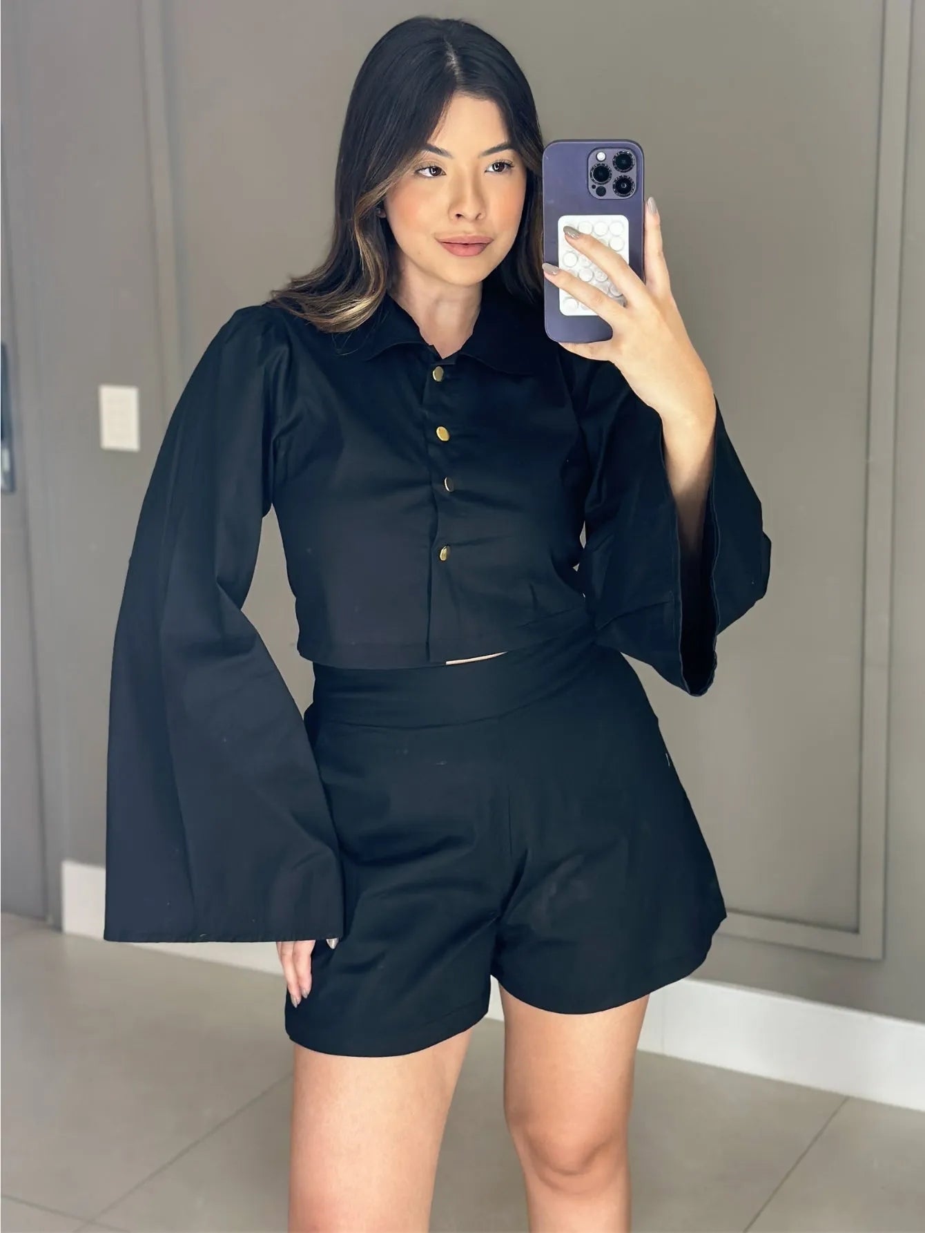 Conjunto Tricoline Camisa Cropped Short