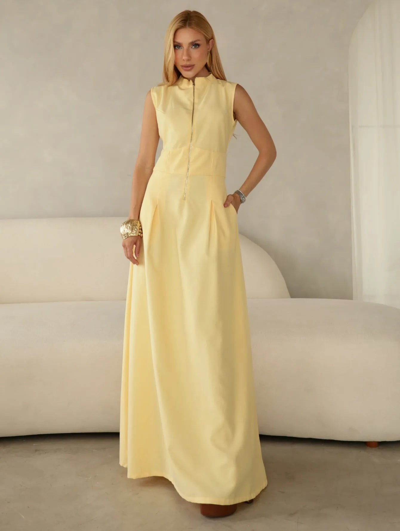 Vestido Longo Alfaiataria Zíper Frontal