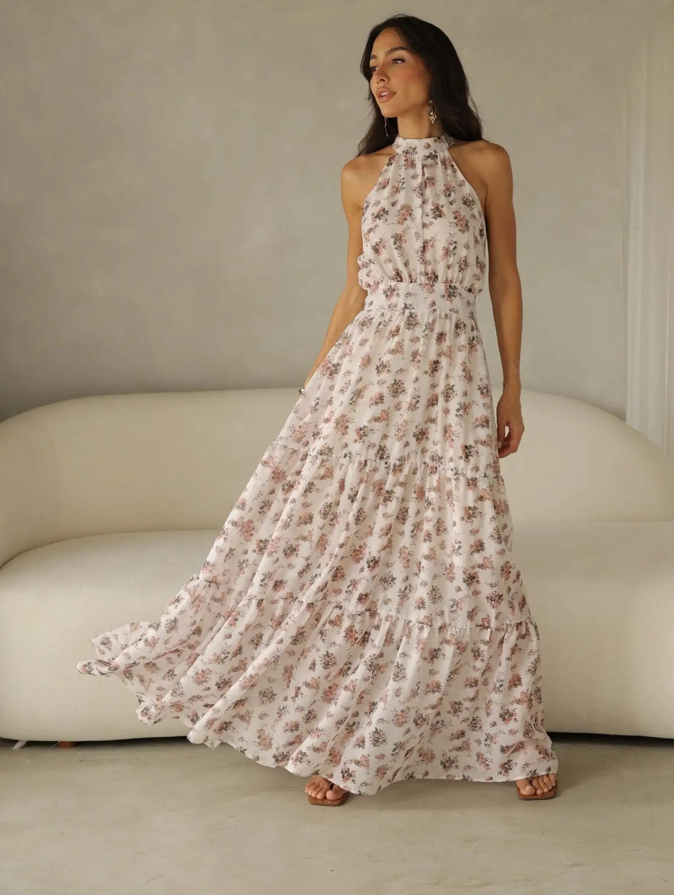 Vestido Longo Chiffon Floral Gola Alta