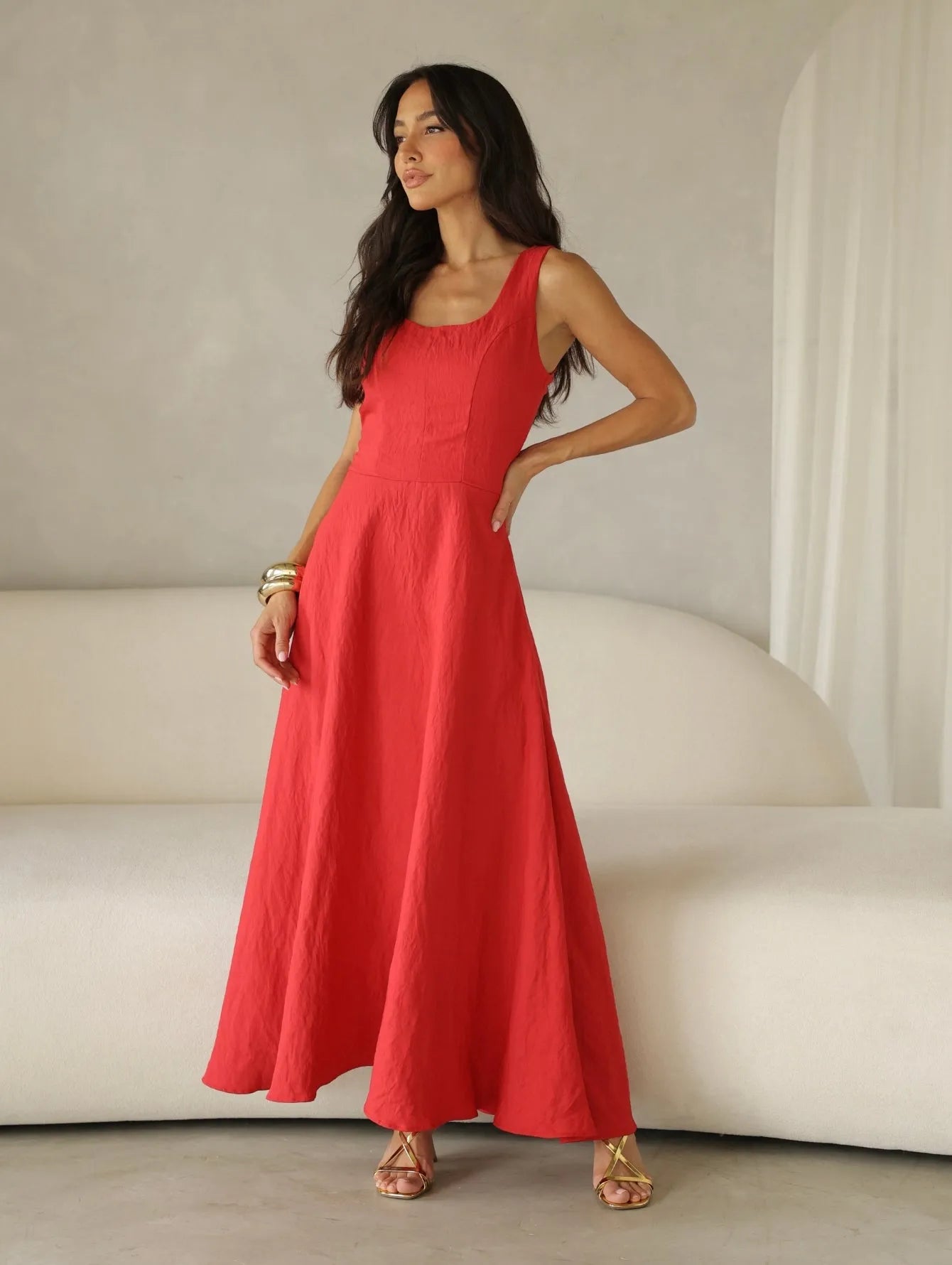 Vestido Longo Alfaiataria Decote Quadrado
