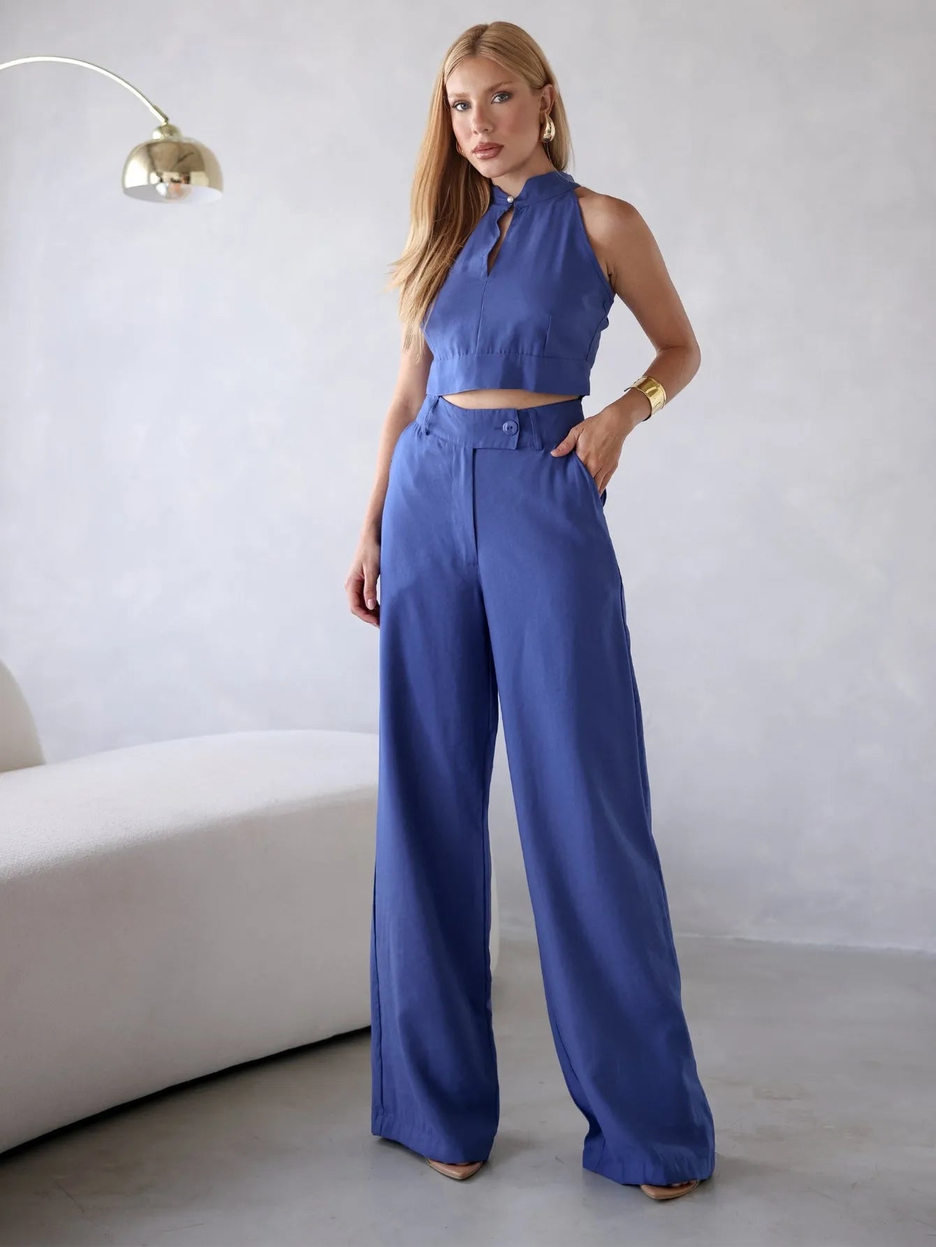 Conjunto Viscose Cropped Recorte Wide Leg