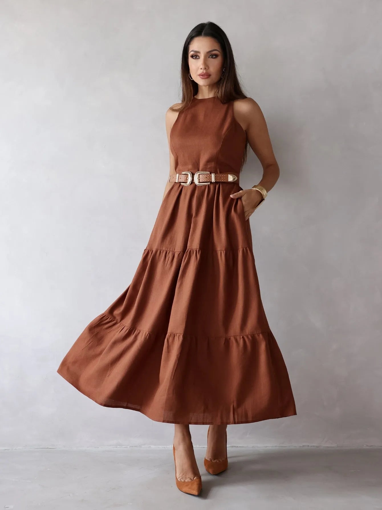 Vestido Longo Linho Sem Manga