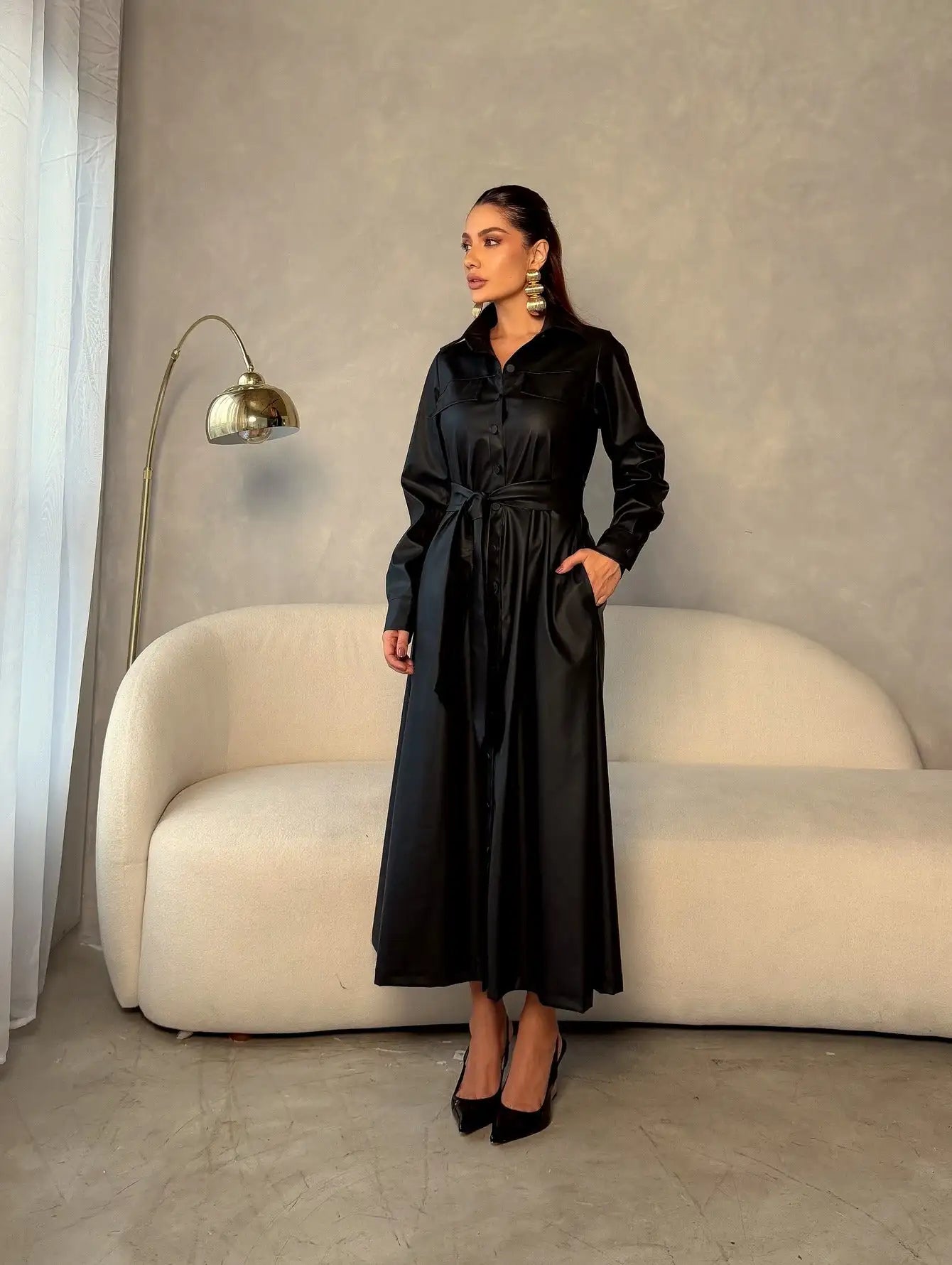 Vestido Midi Couro Manga Longa