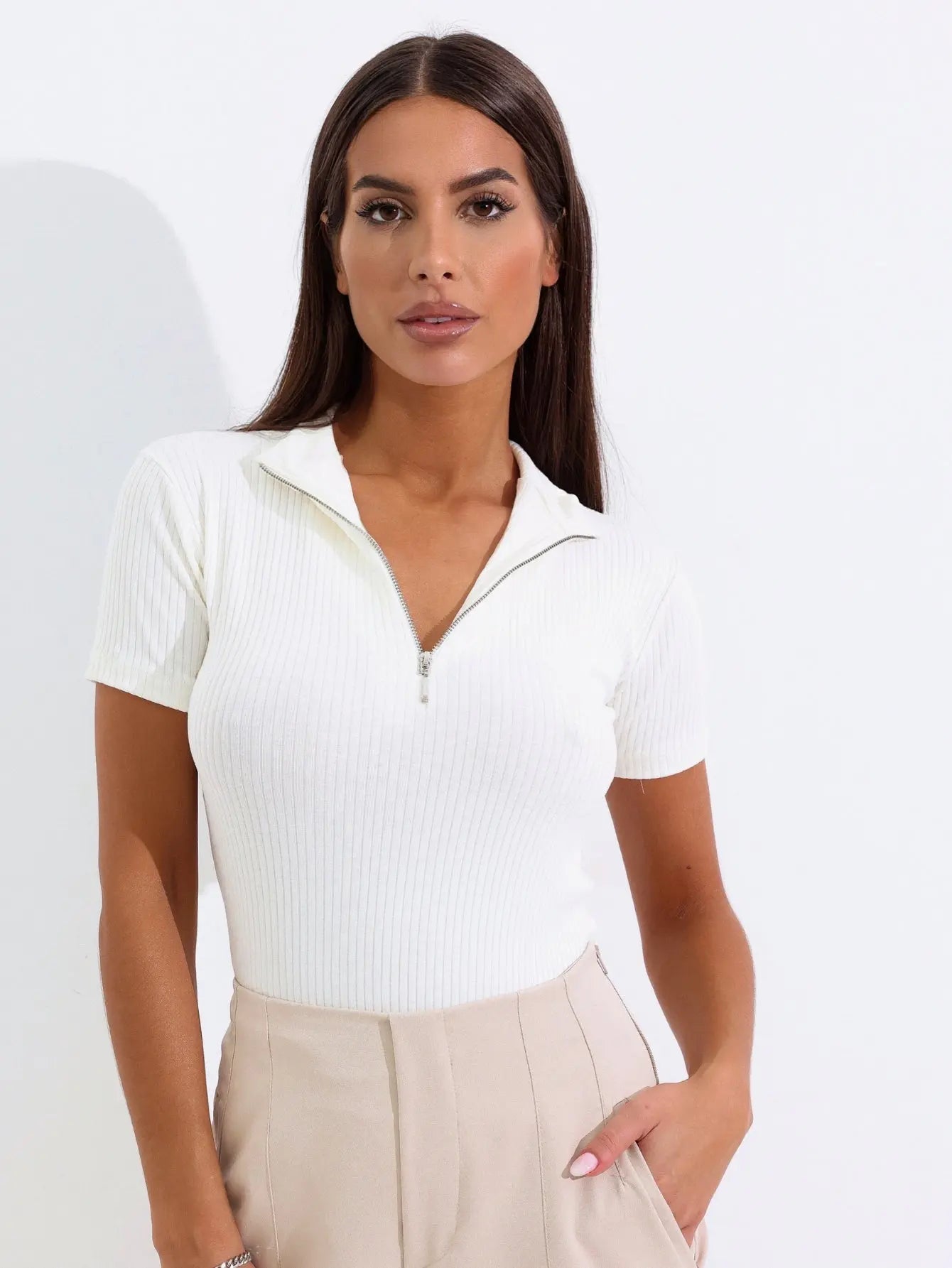 Blusa Canelada Zíper Frontal Polo