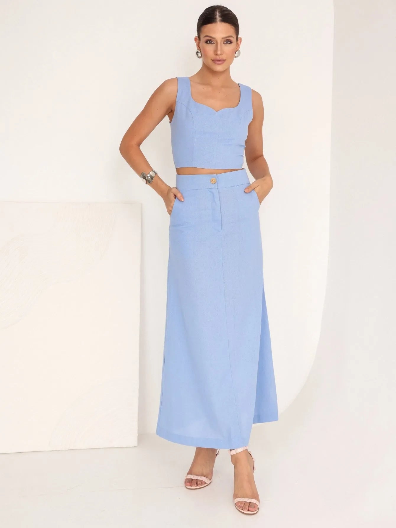 Conjunto Linho Cropped Saia Longa