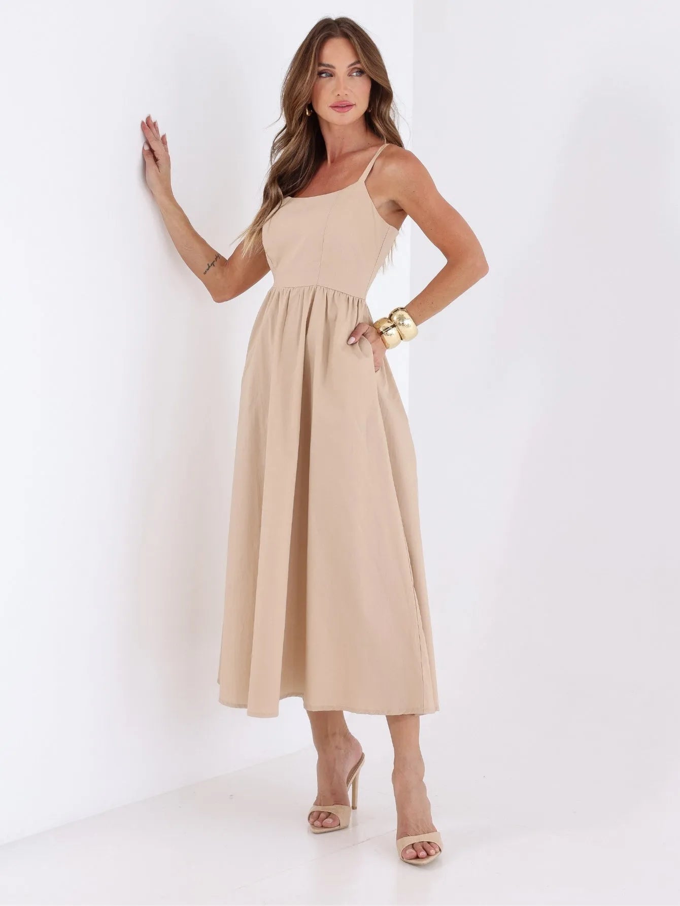 Vestido Midi Tricoline Alças Reguláveis