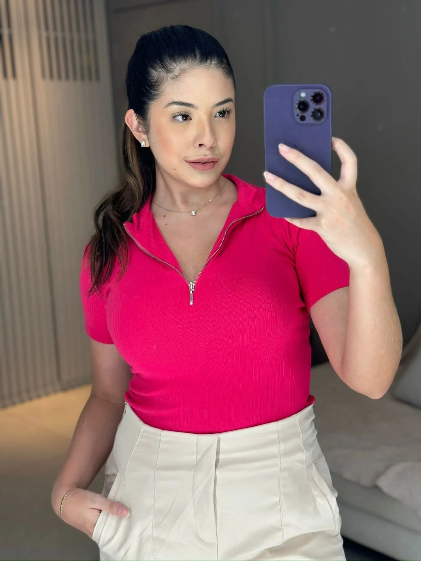 Blusa Canelada Zíper Frontal Polo