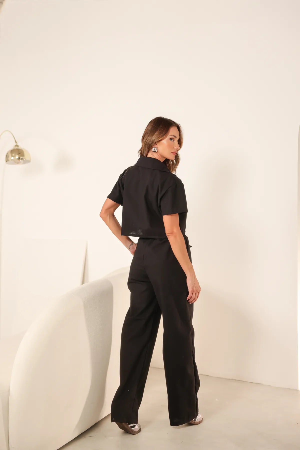 Conjunto Linho Cropped Calça Wide Leg