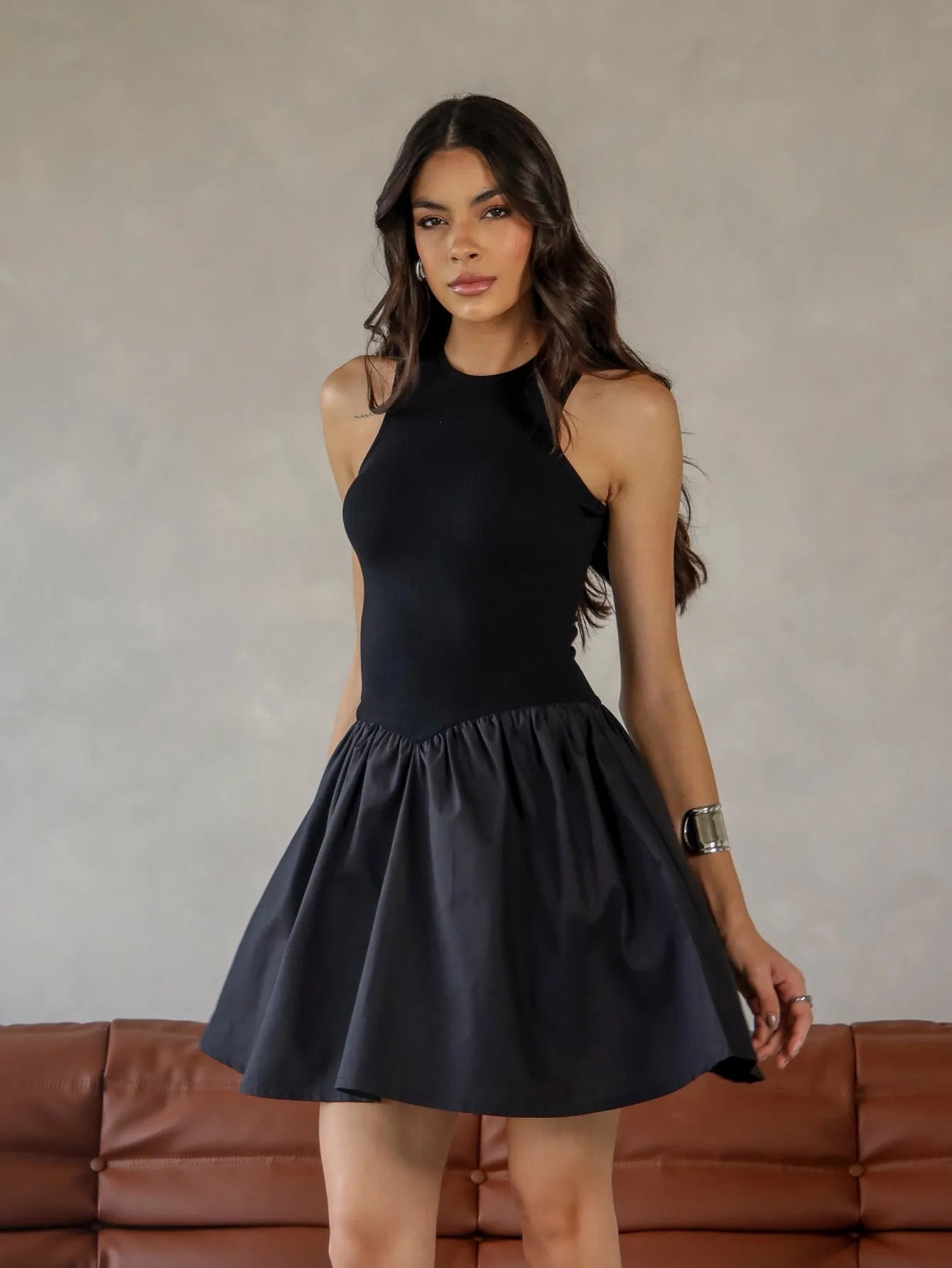 Vestido Curto Evasê Canelado