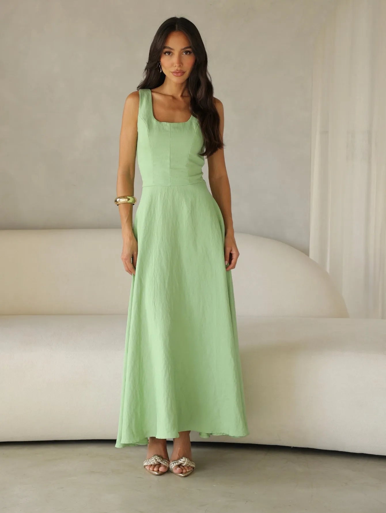 Vestido Longo Alfaiataria Decote Quadrado