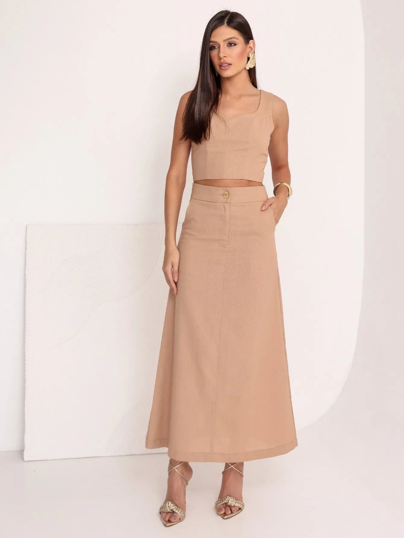 Conjunto Linho Cropped Saia Longa