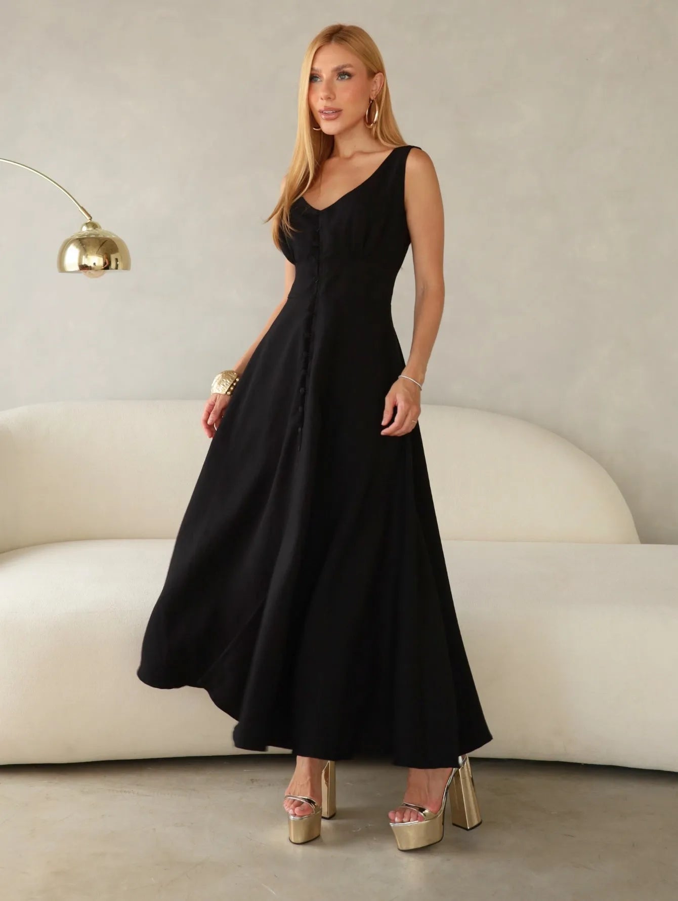 Vestido Midi Alfaiataria Decote V Lastex