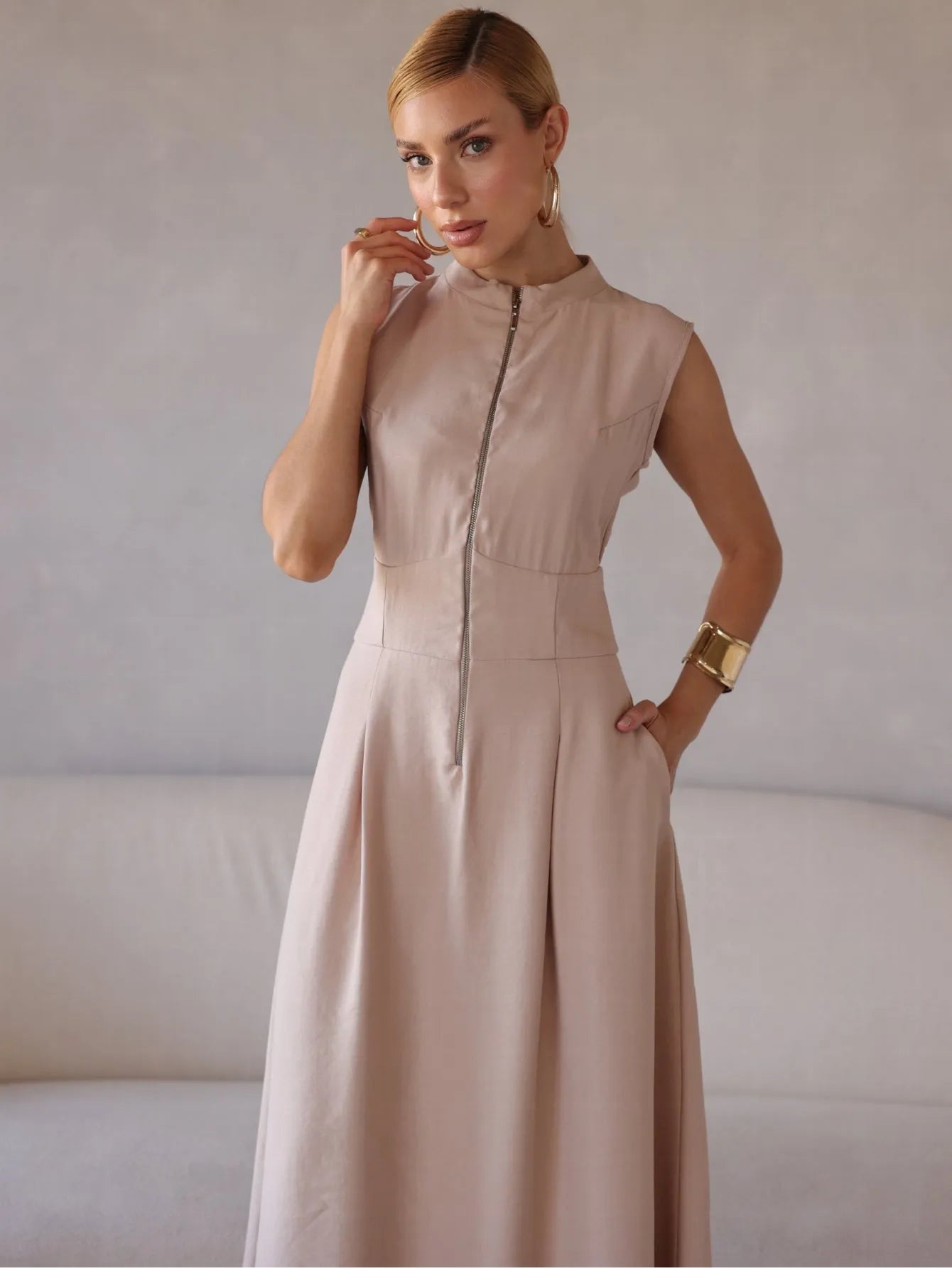 Vestido Longo Alfaiataria Zíper Frontal