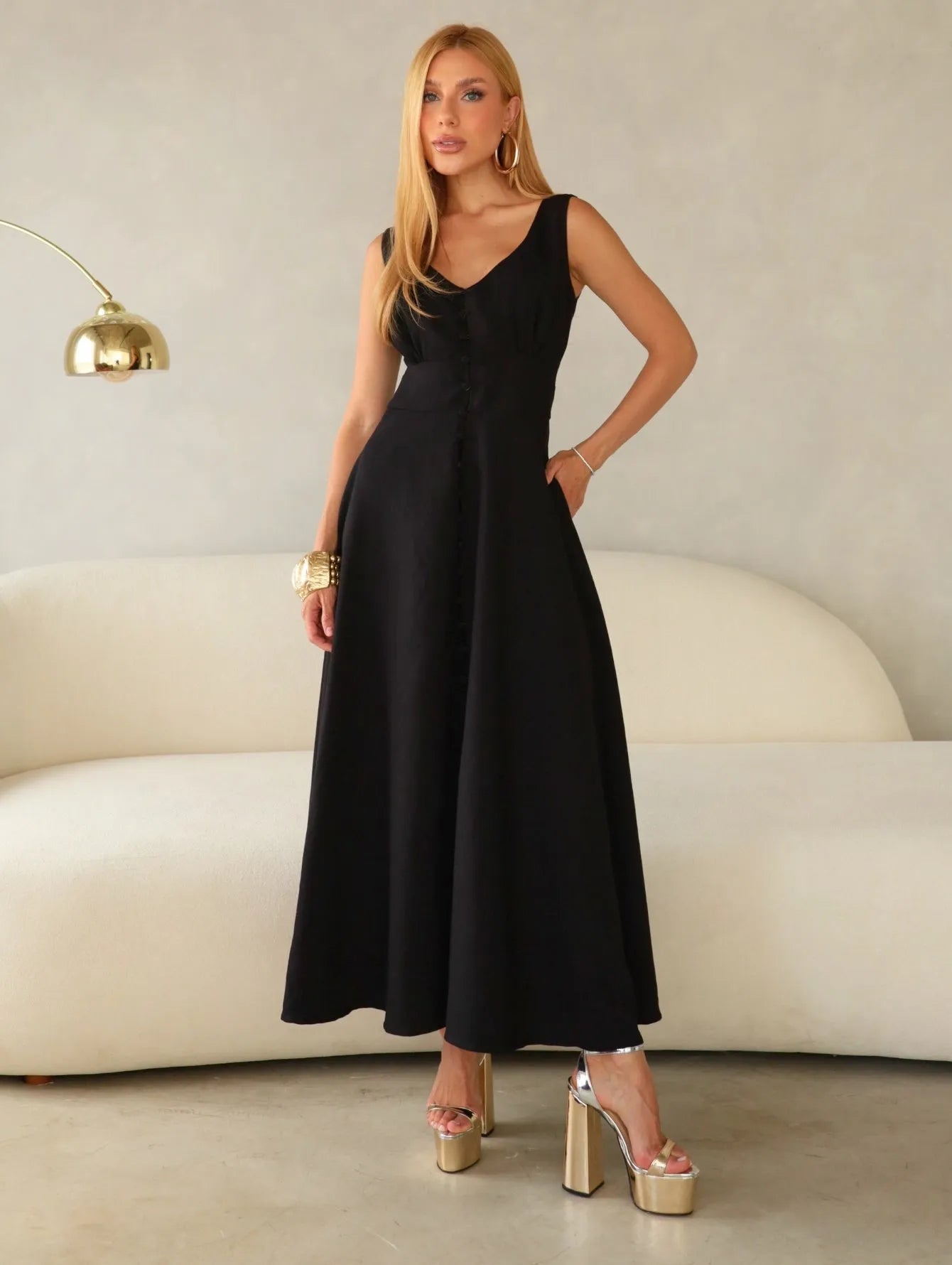 Vestido Midi Alfaiataria Decote V Lastex