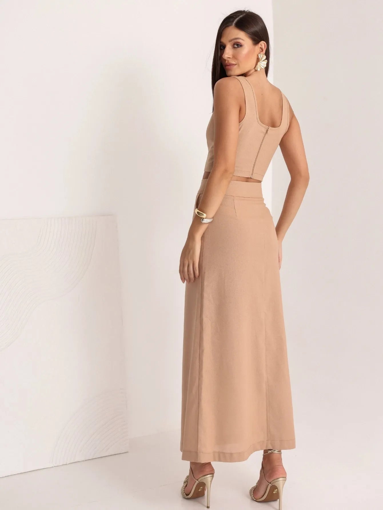 Conjunto Linho Cropped Saia Longa