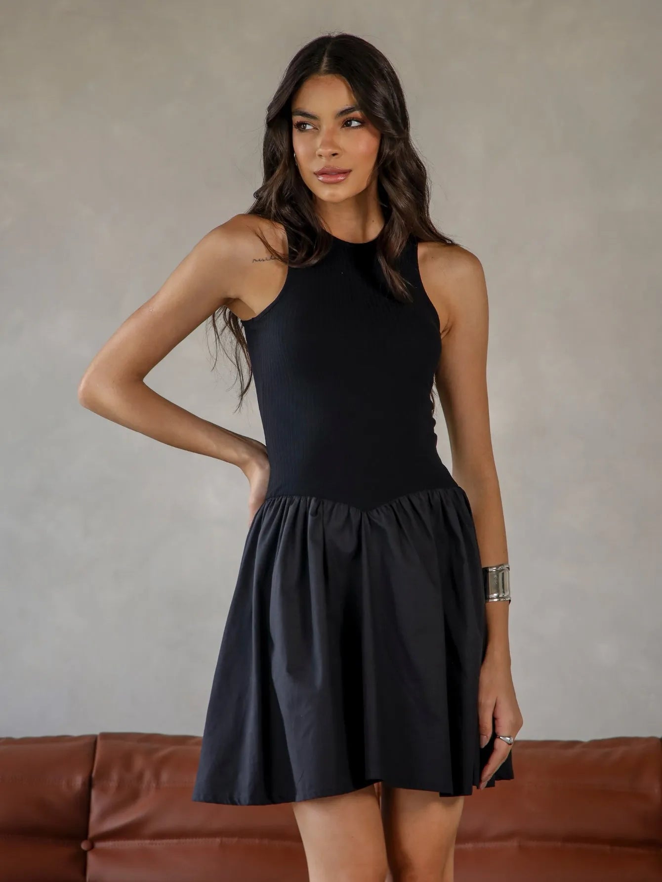 Vestido Curto Evasê Canelado