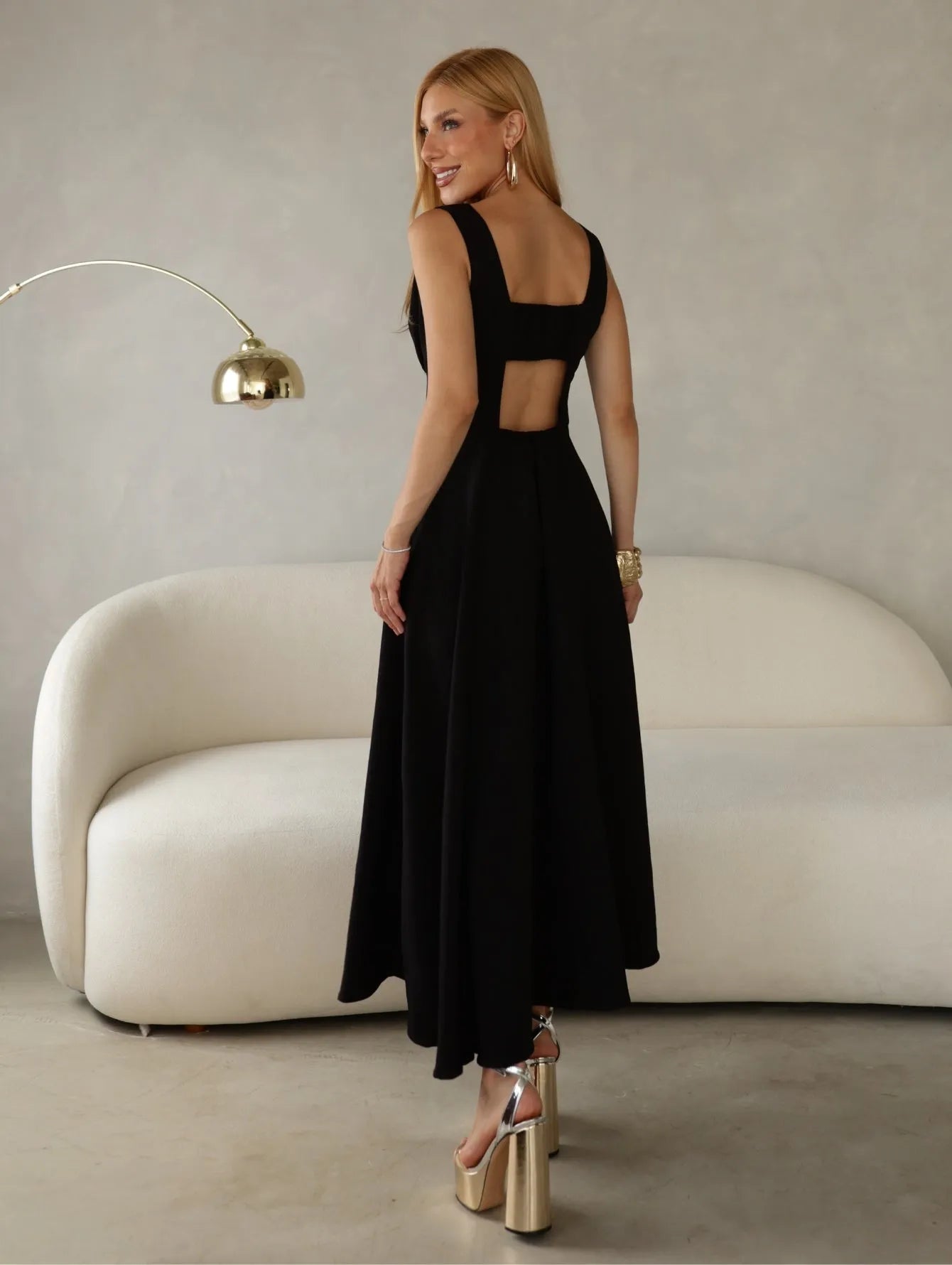 Vestido Midi Alfaiataria Decote V Lastex