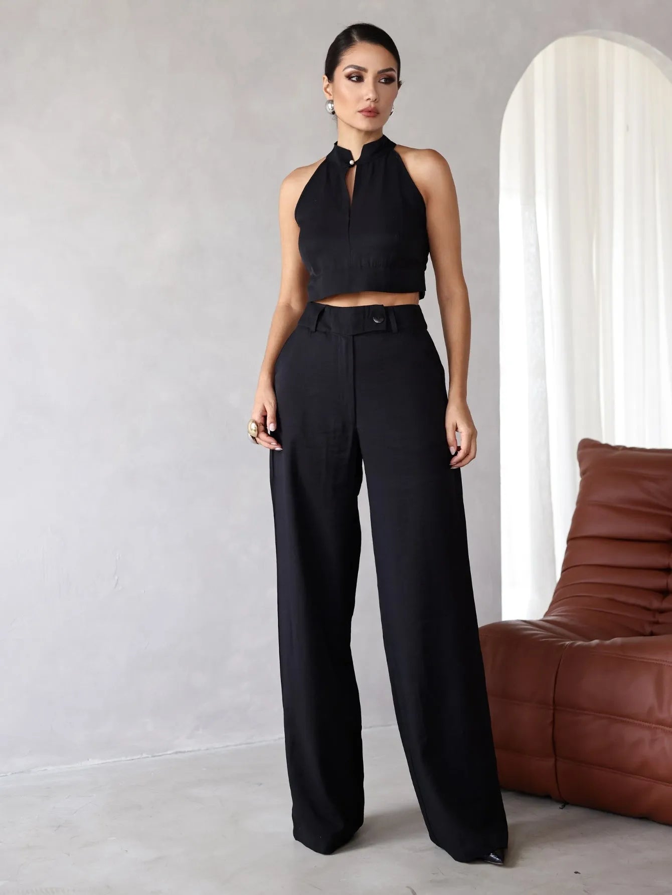 Conjunto Viscose Cropped Recorte Wide Leg