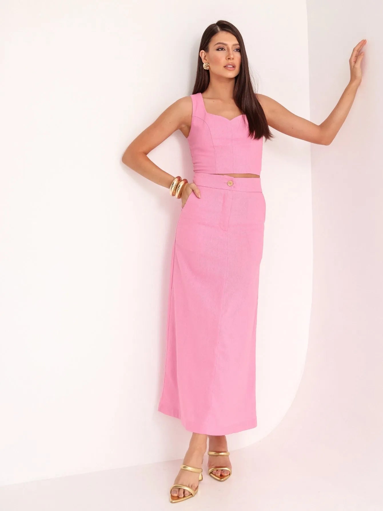 Conjunto Linho Cropped Saia Longa