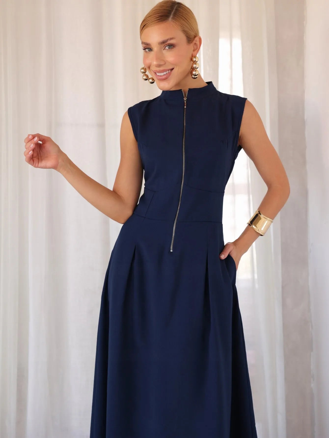 Vestido Longo Alfaiataria Zíper Frontal