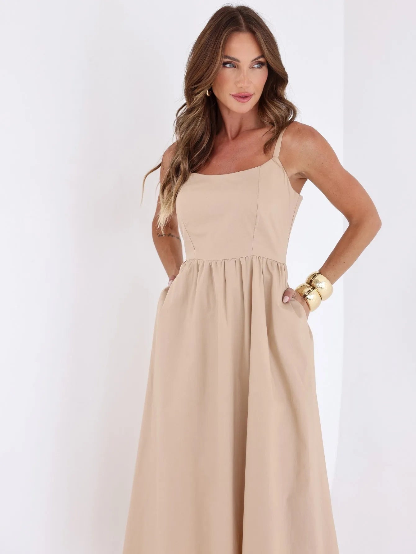 Vestido Midi Tricoline Alças Reguláveis