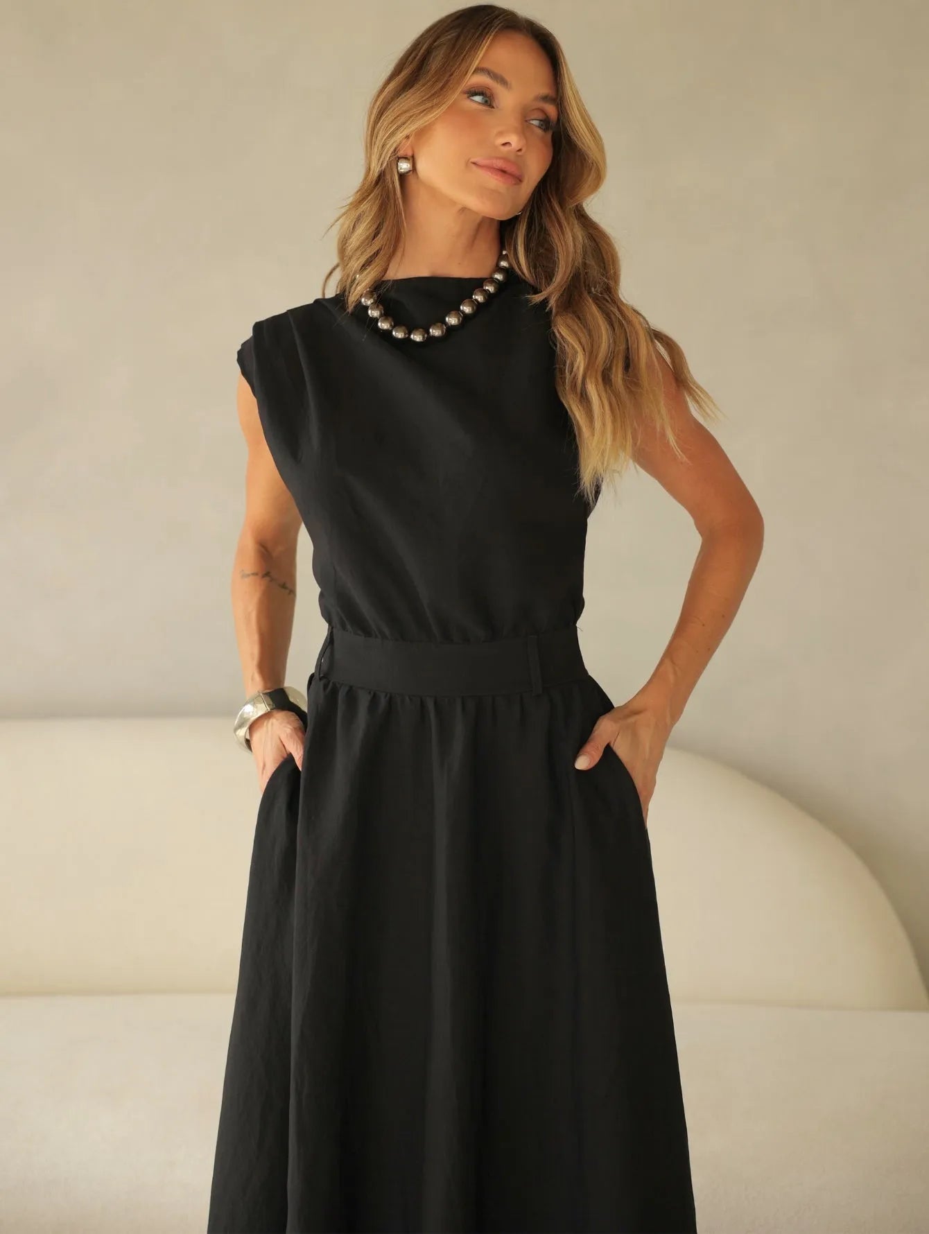 Vestido Midi Alfaiataria Saia Evasê Passantes