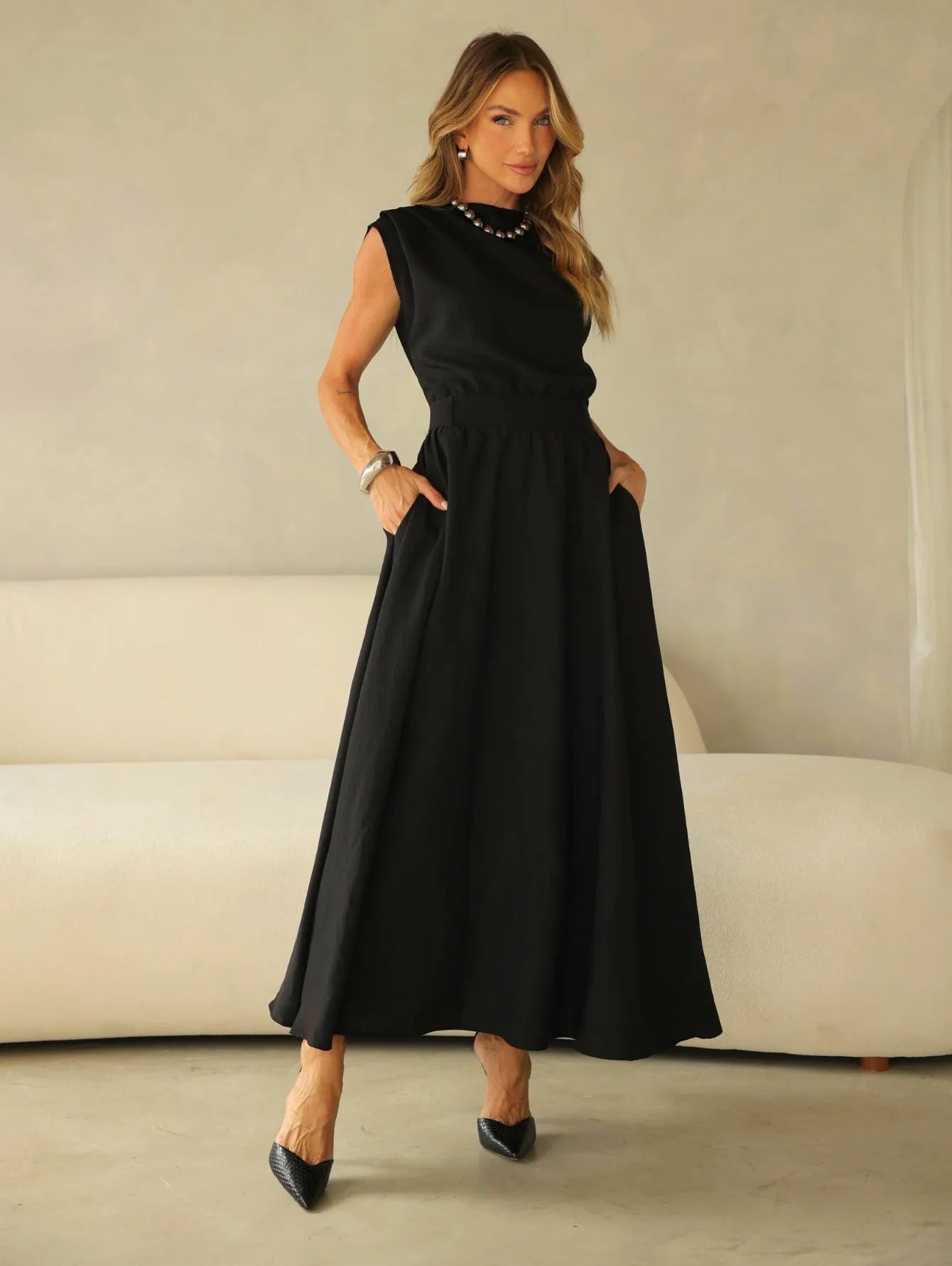 Vestido Midi Alfaiataria Saia Evasê Passantes