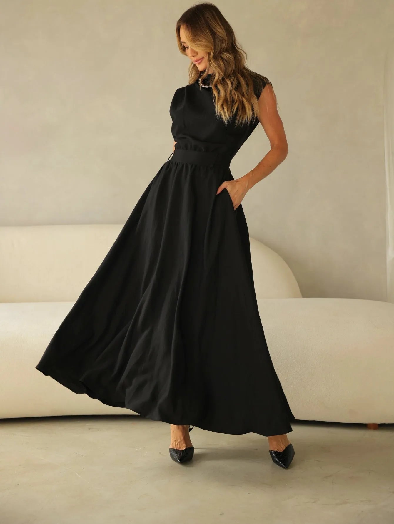Vestido Midi Alfaiataria Saia Evasê Passantes