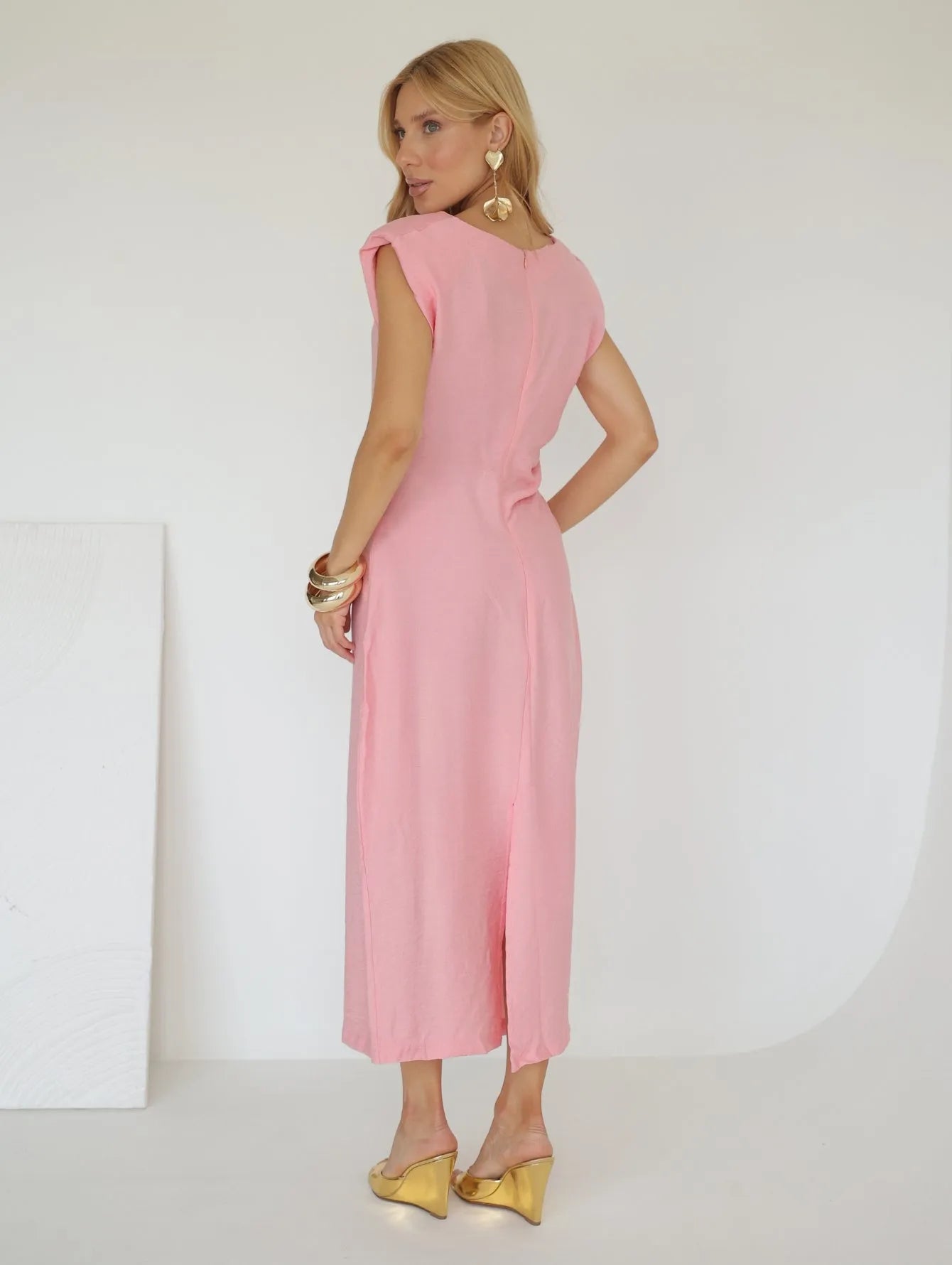 Vestido Midi Drapeado Ombreiras