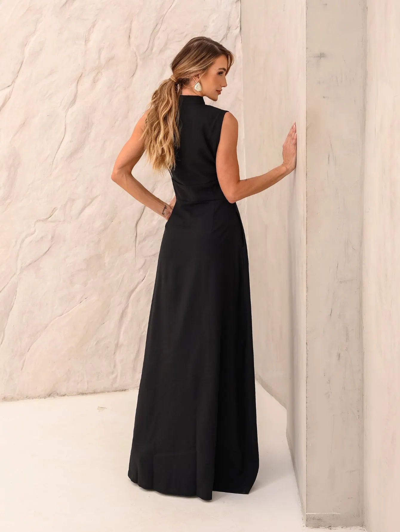 Vestido Longo Alfaiataria Zíper Frontal