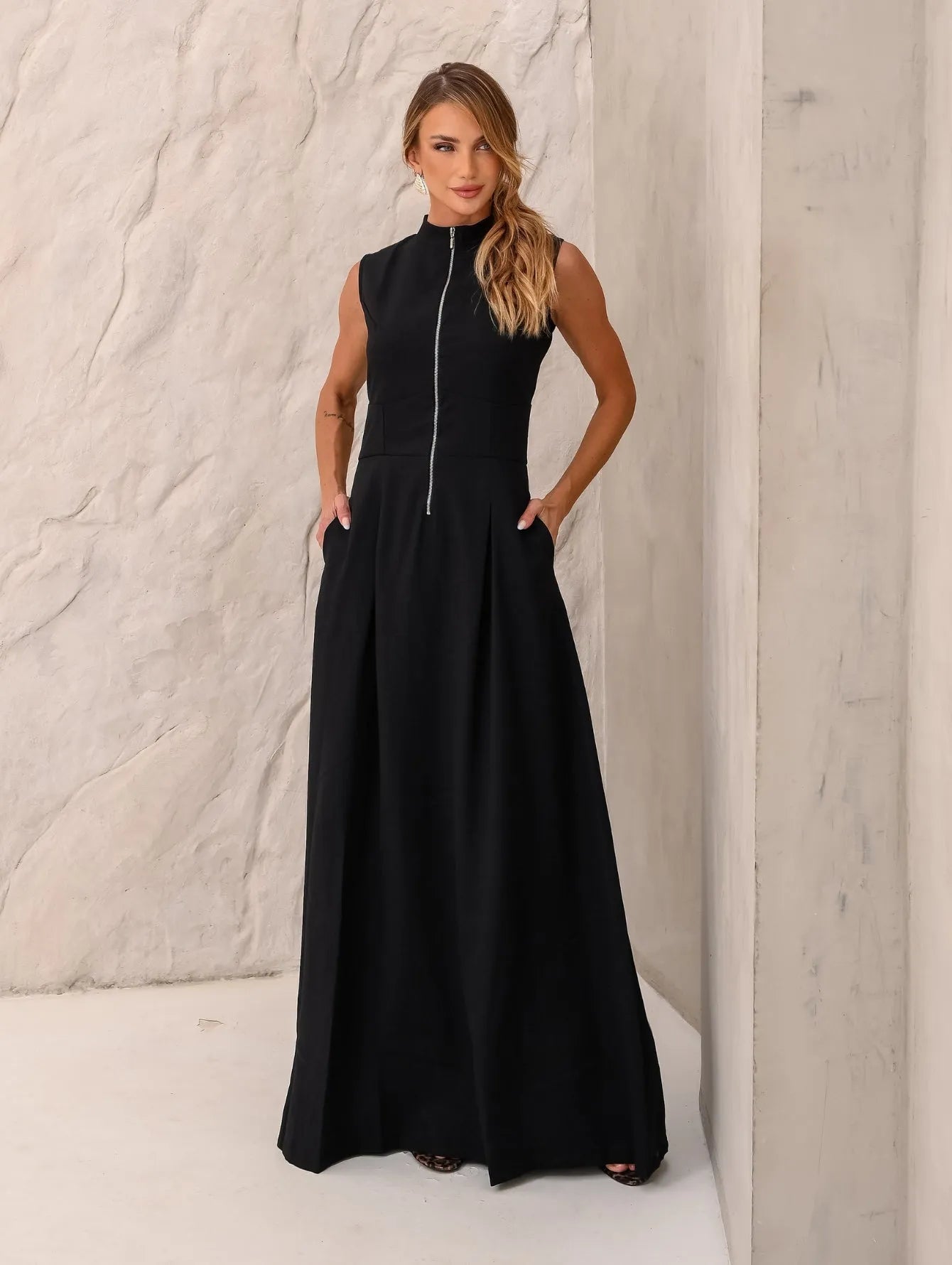Vestido Longo Alfaiataria Zíper Frontal