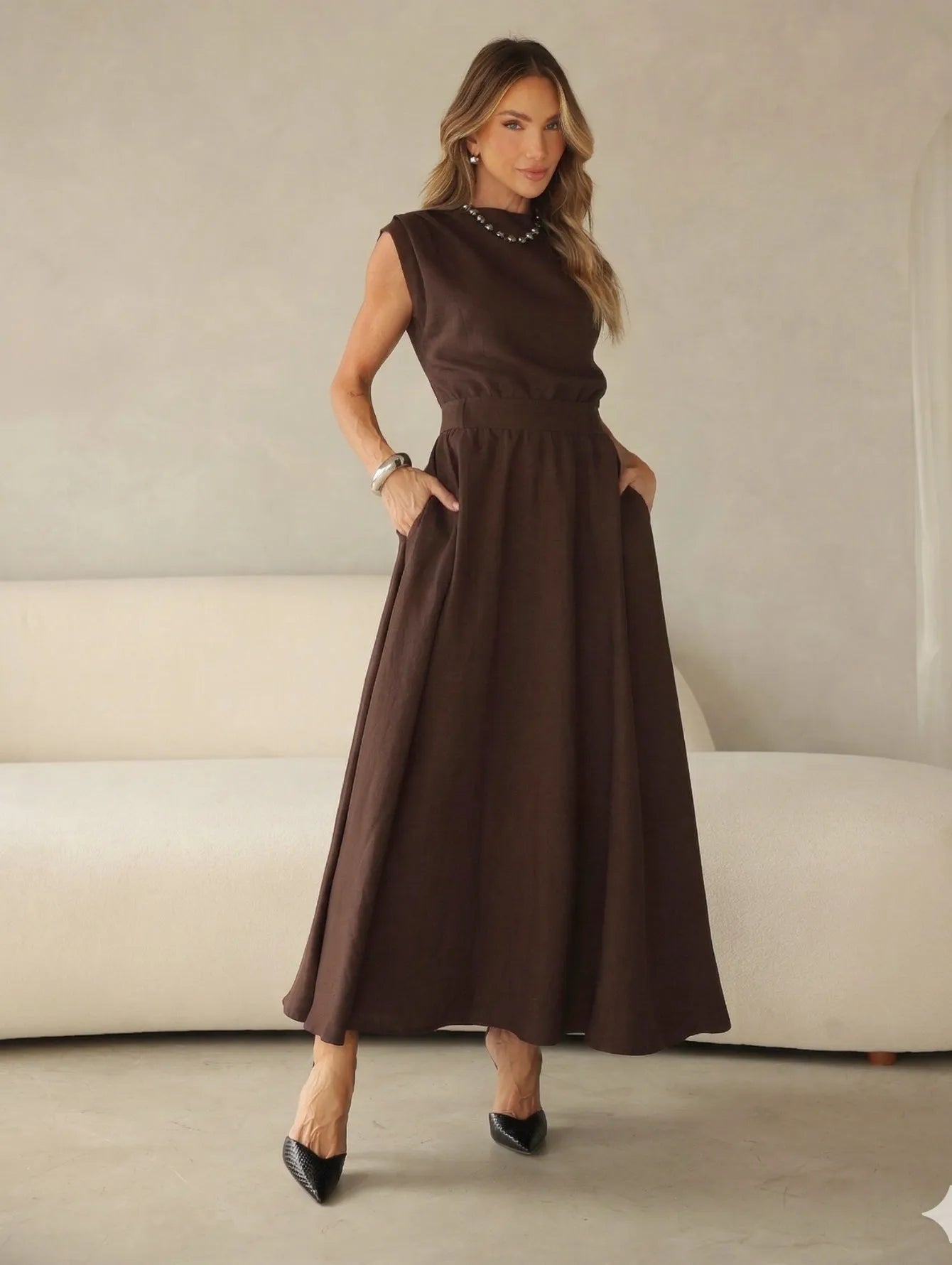 Vestido Midi Alfaiataria Saia Evasê Passantes