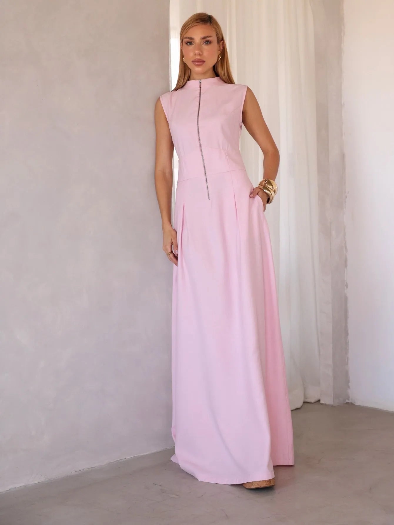 Vestido Longo Alfaiataria Zíper Frontal
