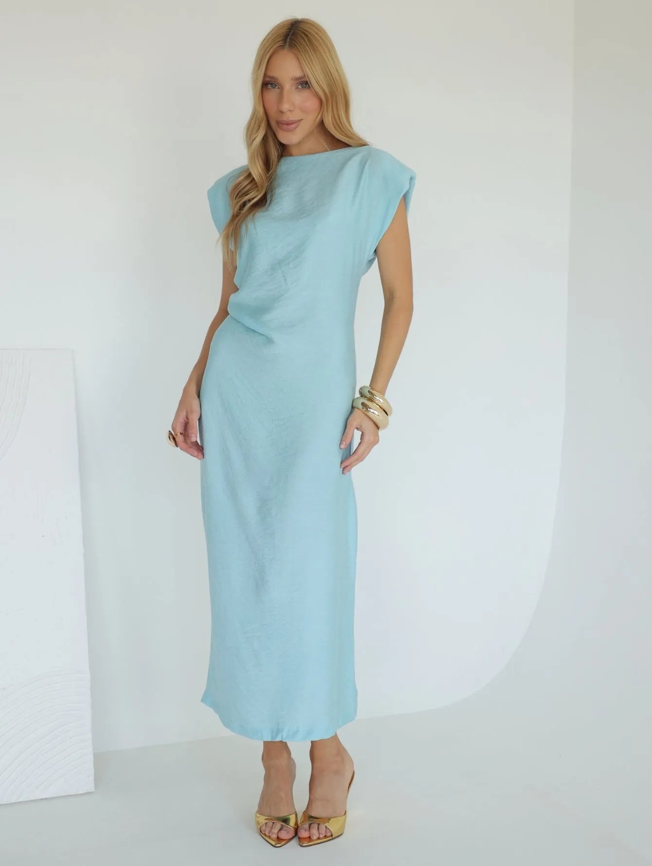 Vestido Midi Drapeado Ombreiras