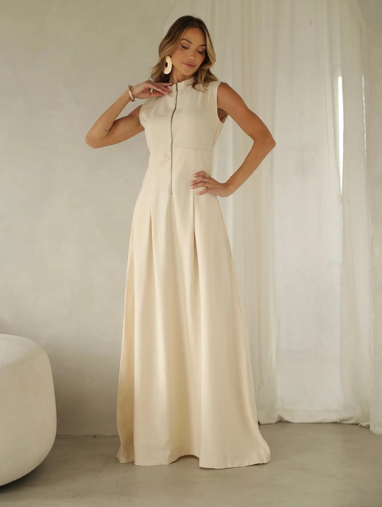 Vestido Longo Alfaiataria Zíper Frontal