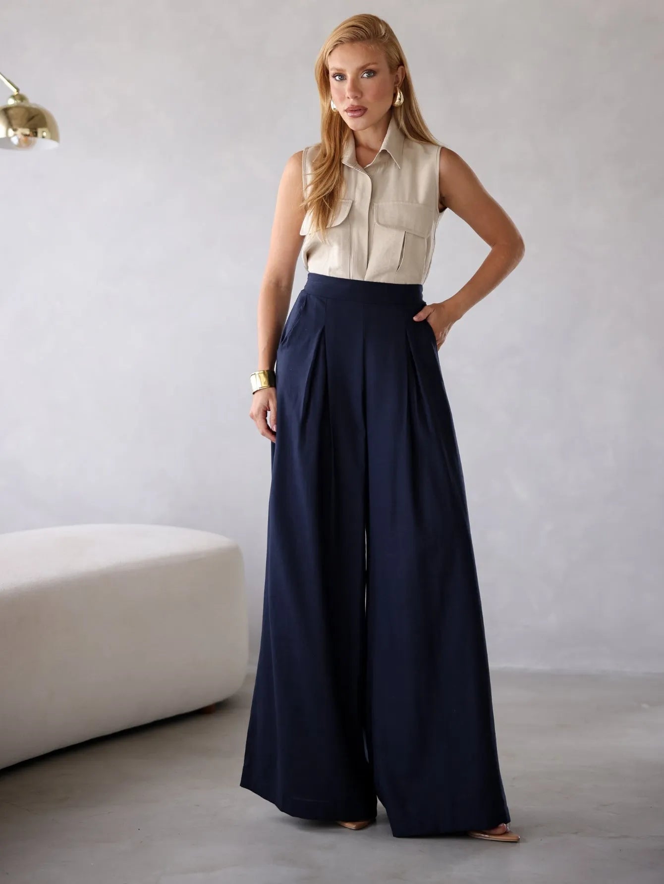 Calça Pantalona Alfaiataria Cintura Alta