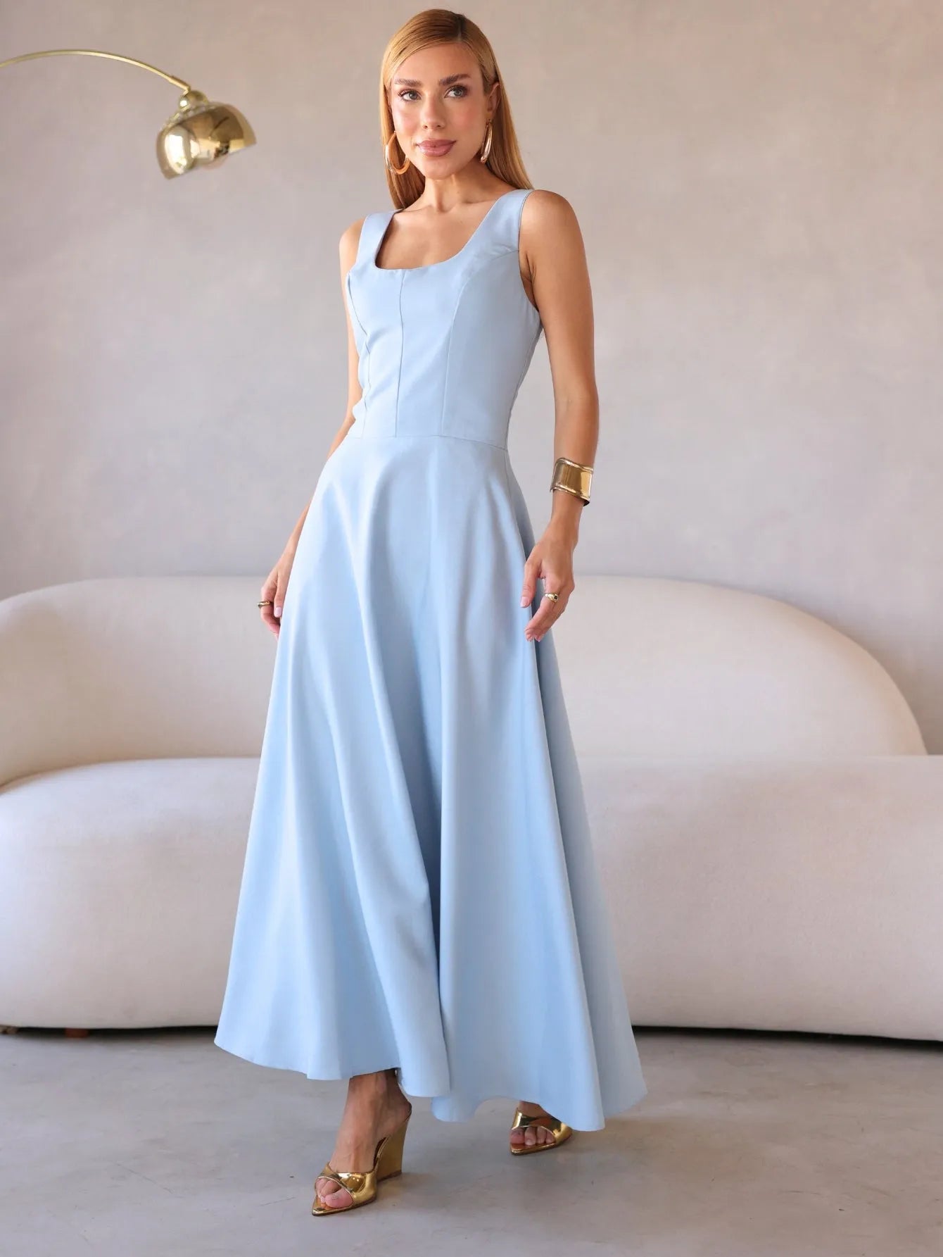 Vestido Longo Alfaiataria Decote Quadrado