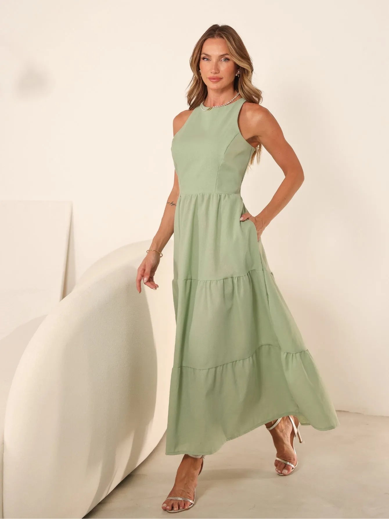 Vestido Longo Linho Sem Manga