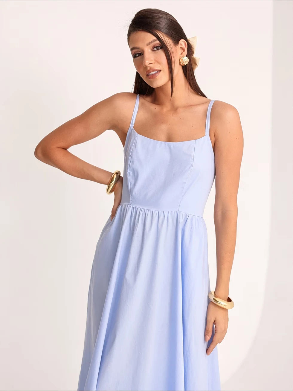 Vestido Midi Tricoline Alças Reguláveis