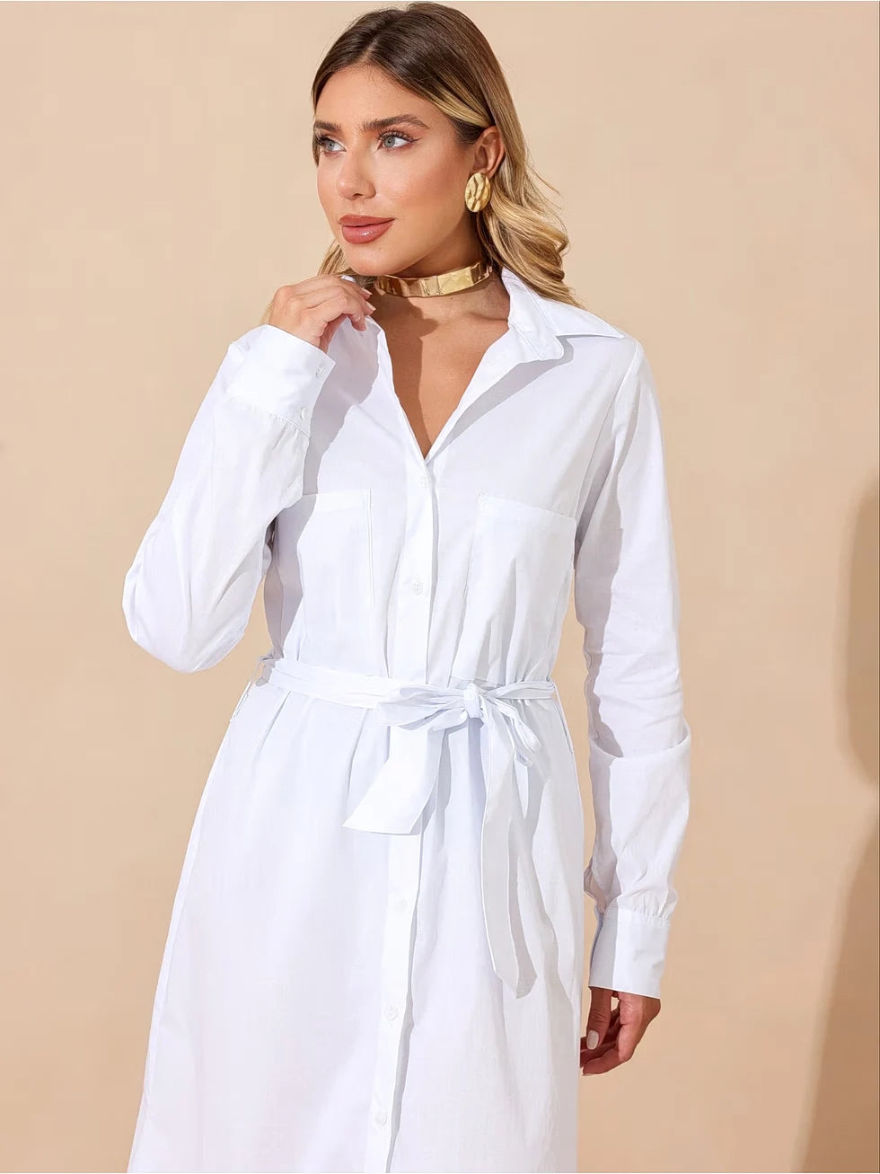 Vestido Midi Mangas Longas com Faixa - SANTALUX