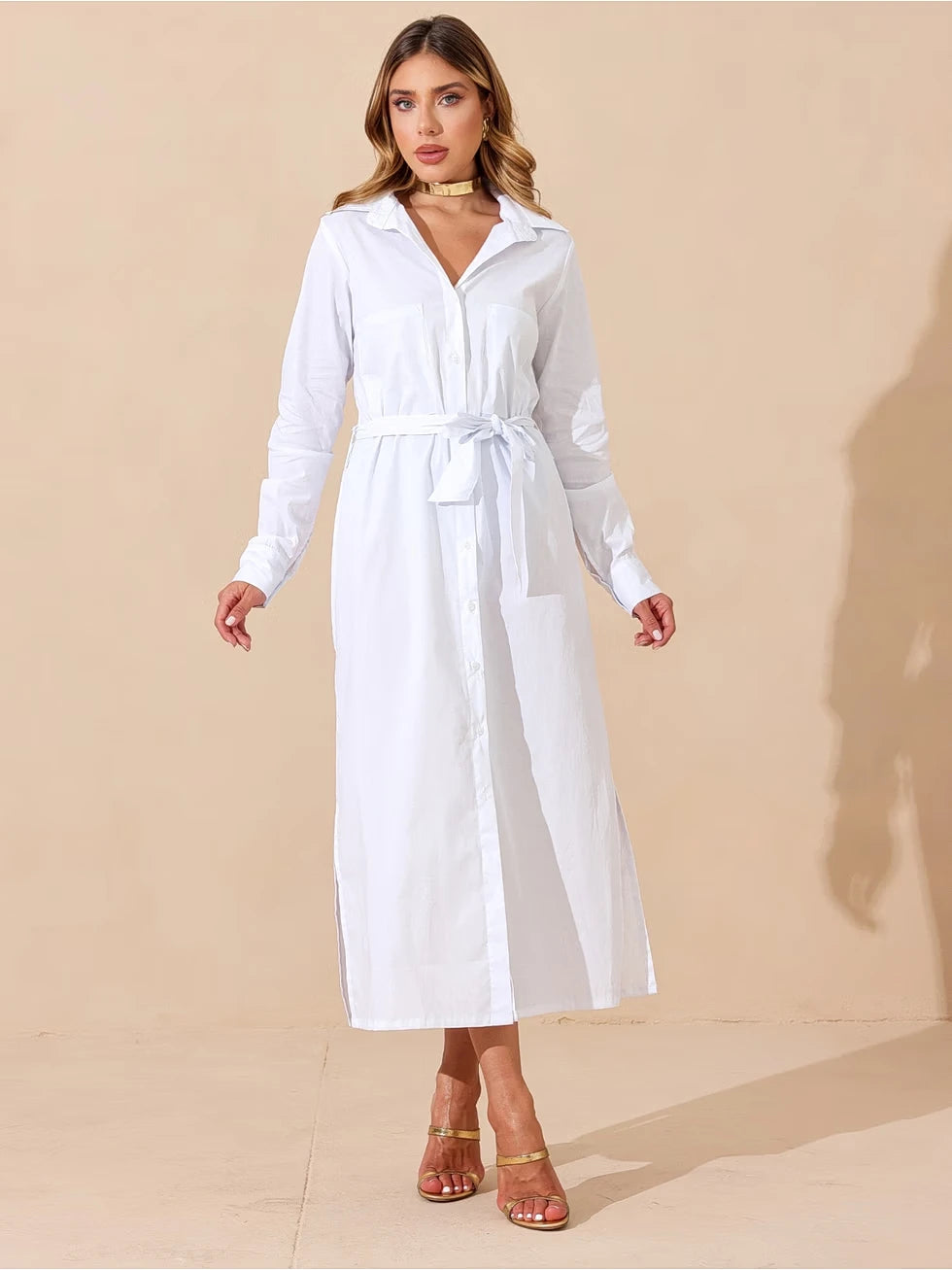 Vestido Midi Mangas Longas com Faixa - SANTALUX