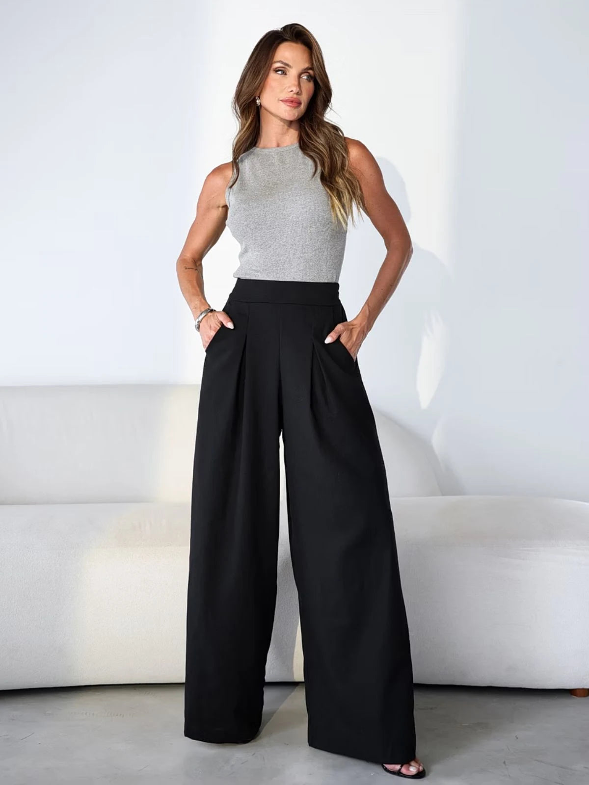 Calça Pantalona Cintura Alta com Elástico Elegante - SANTALUX - 121
