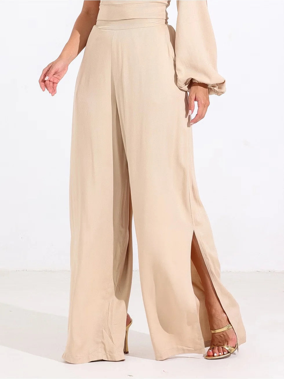 Calça Pantalona Fenda Lateral Twill