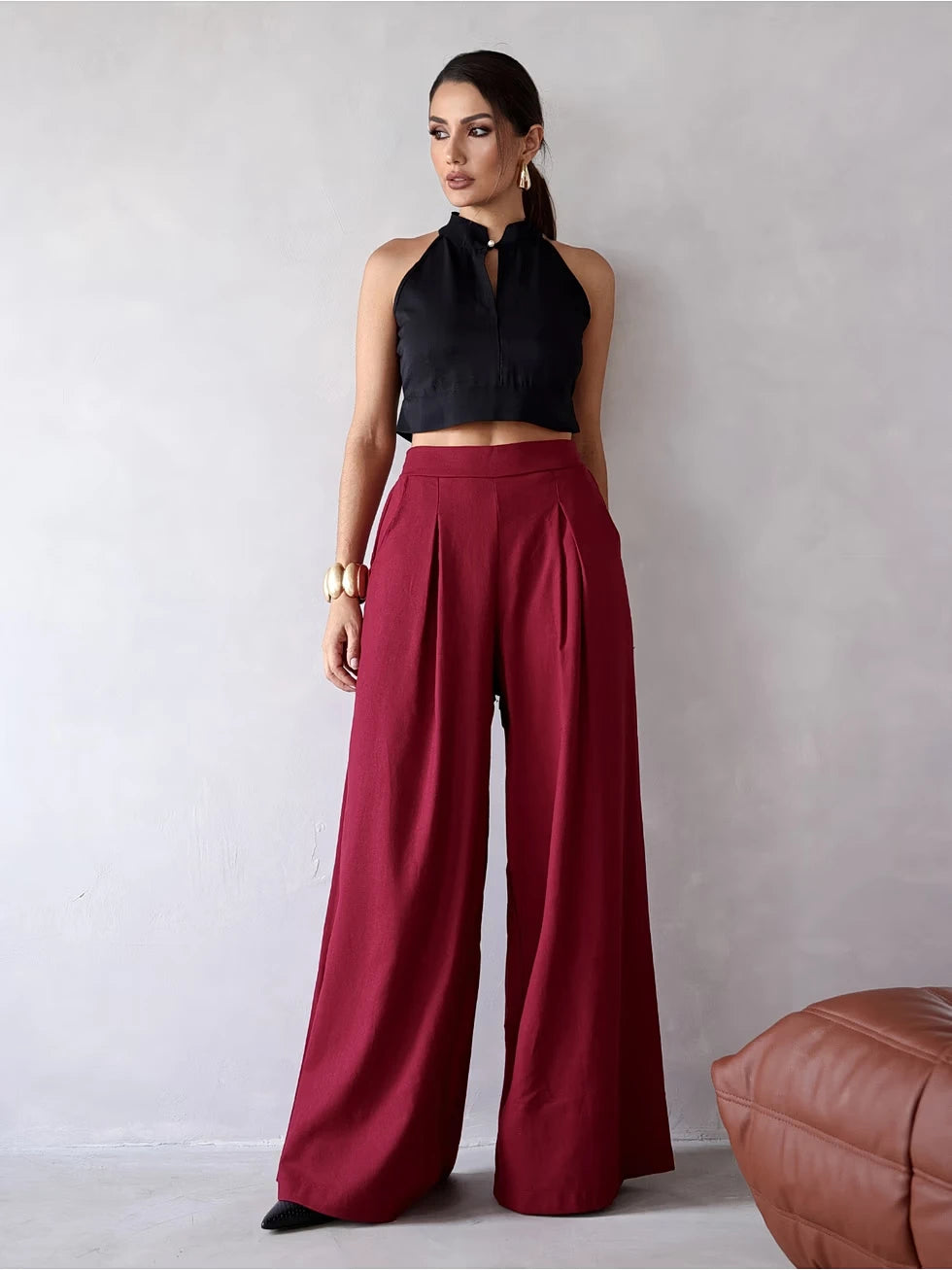 Calça Pantalona Cintura Alta com Elástico Elegante - SANTALUX - 121
