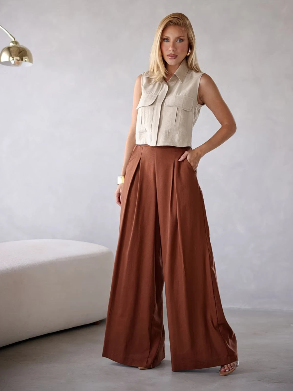 Calça Pantalona Cintura Alta com Elástico Elegante - SANTALUX - 121